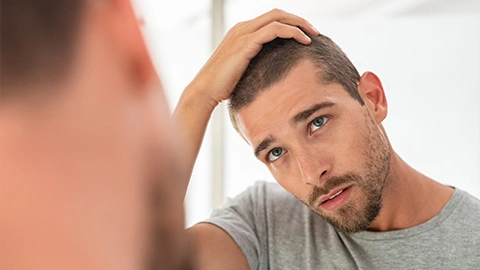 Un homme aux cheveux rasés se regarde dans le miroir